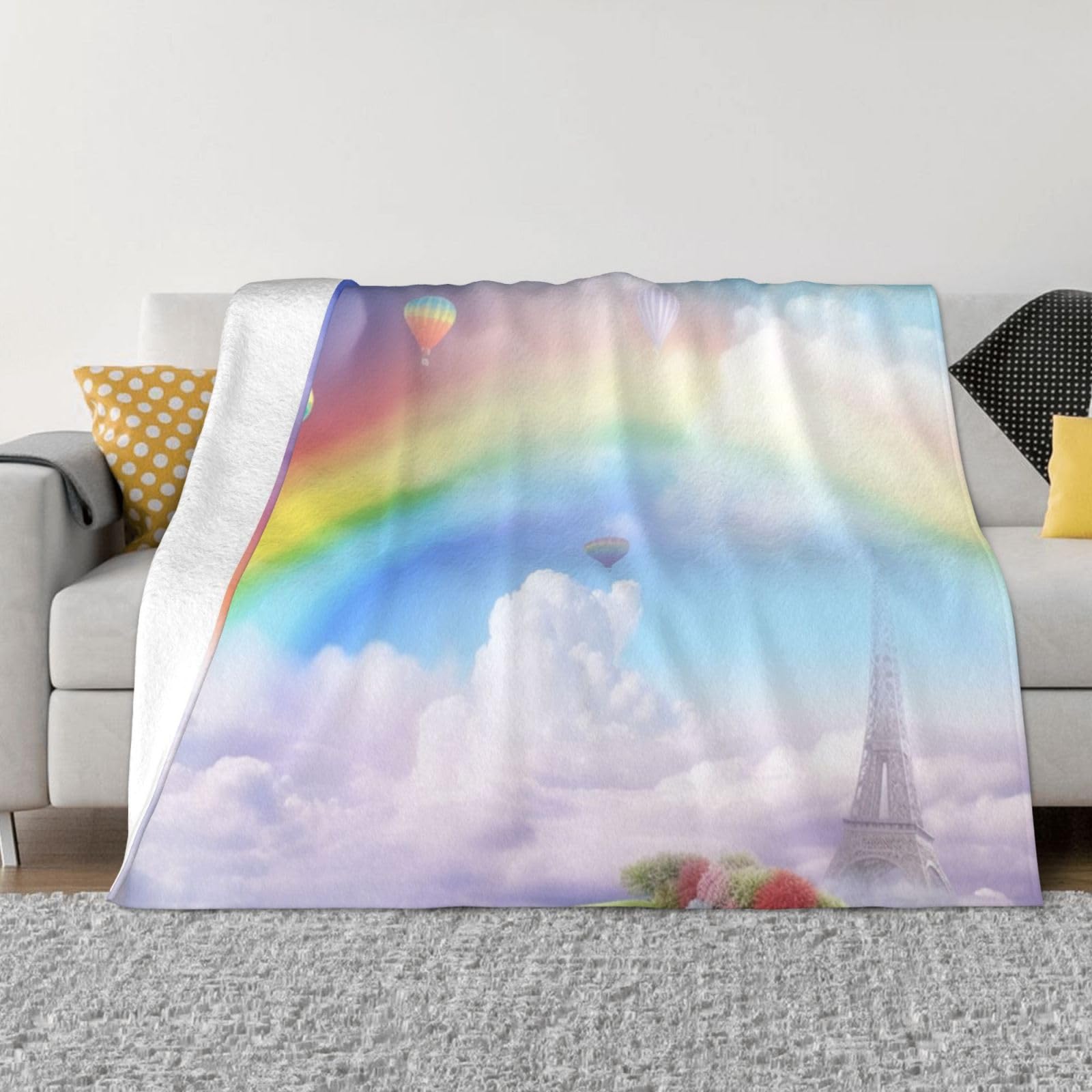 Couverture en flanelle haut de gamme motif arc-en-ciel douceur microfibre 152x127cm