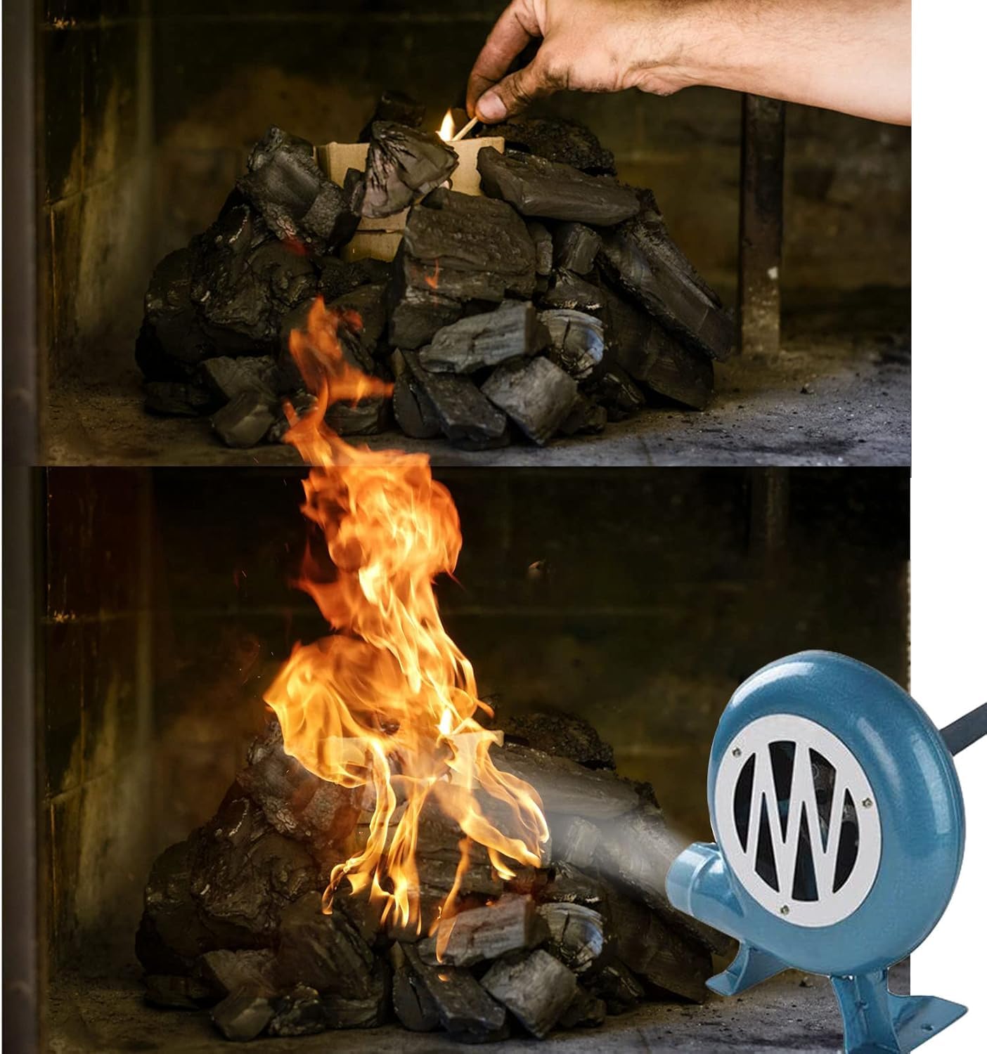 Wentylator do grilla na świeżym powietrzu, przenośny wentylator z korbką, dmuchawa powietrza, ręczny rozpałka do grilla z ręczną rączką i kontrolą prędkości，250w