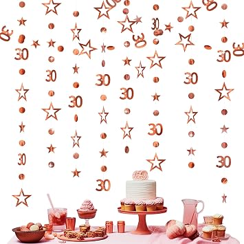 30th Birthday Hanging Decorations 3m/112in Long Rose Gold with Number 30 Circle Dot Twinkle Star Garland 30th Birthday Banner Metallic Hanging Streamer Shiny Hanging Swirlsfor Men and Women