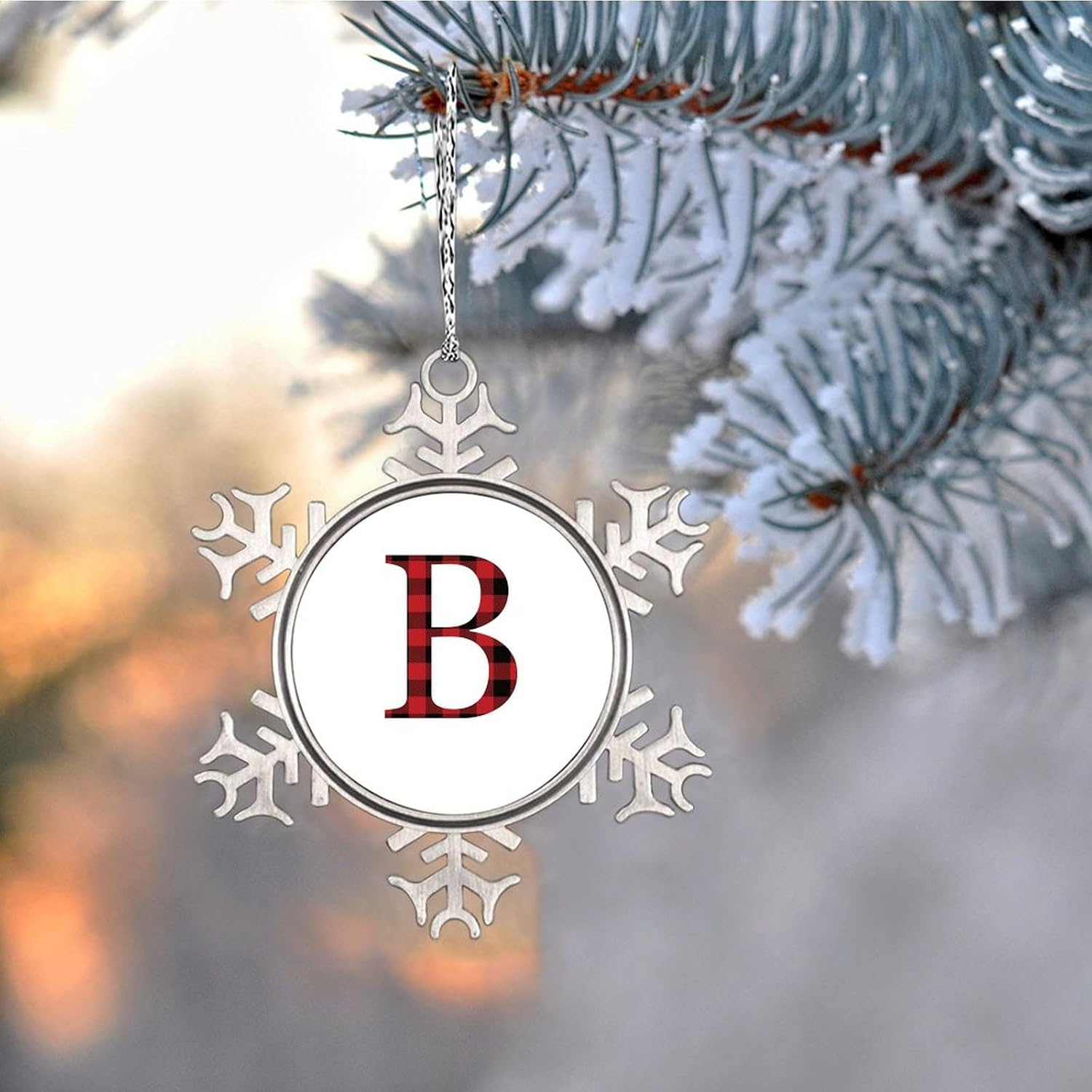 Monogram Initial Letter B Ornaments for Christmas Trees Snowflake Red and Black Plaid Metal Personalized 2022 Keepsake New Year Gifts 3 Inch