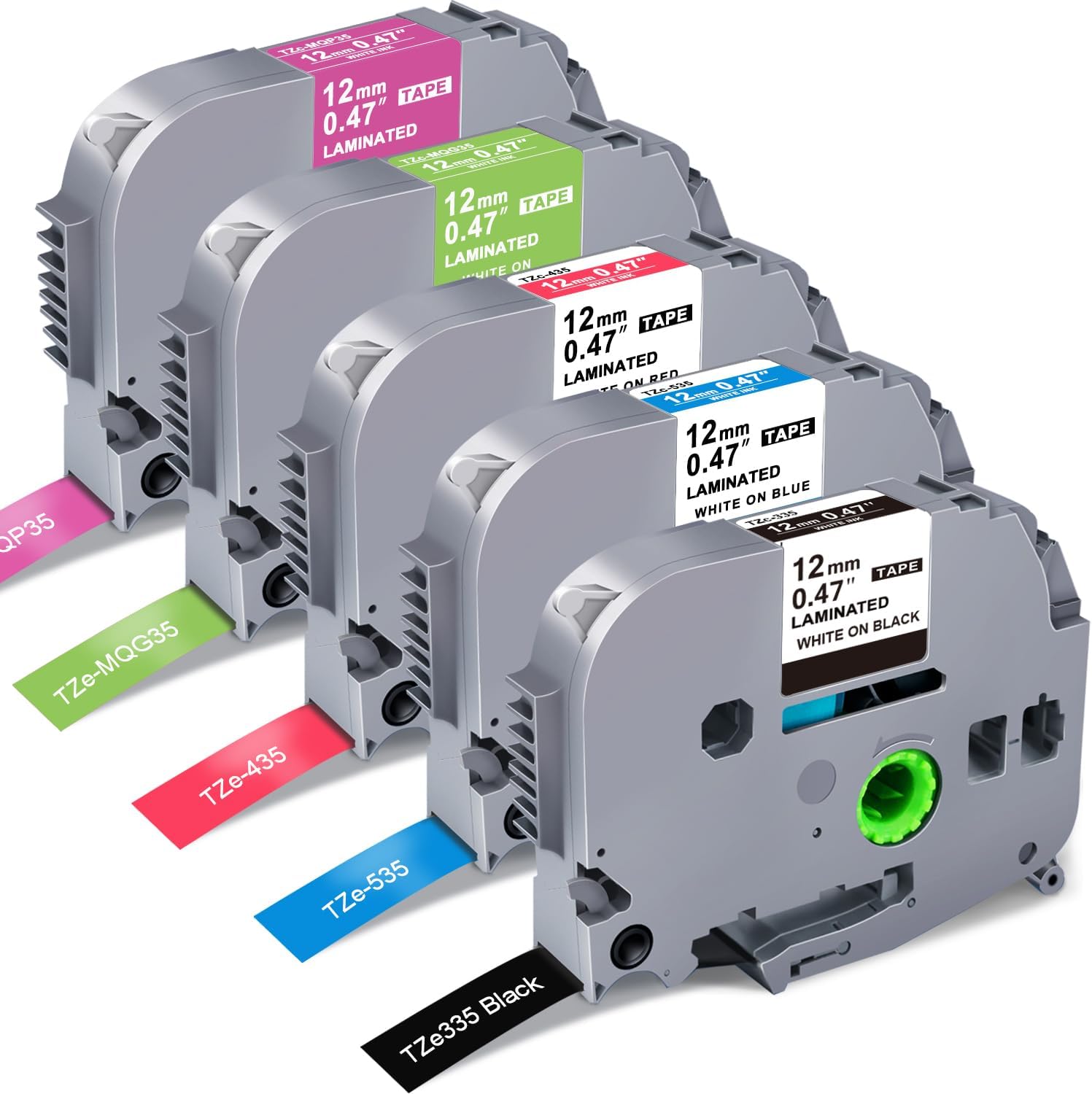 RAEMALL Compatible with Brother Label Tape TZe335 TZe435 TZe535 TZeMQG35 TZeMQP35 TZe TZ Tape, 12mm 0.47 Inch Laminated White on Color Compatible with Brother P Touch Label Maker PT-D210 H110