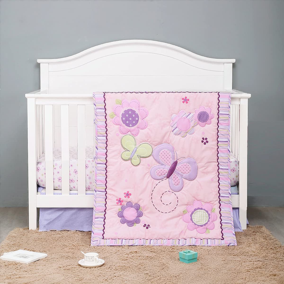 Baevellery Crib Bed Set Baby Girl Nursery Bedding Embroidery 3Piece Crib Bedding with Butterfly Flower Pink Purple - Fitted Sheet Comforter Crib Skirt