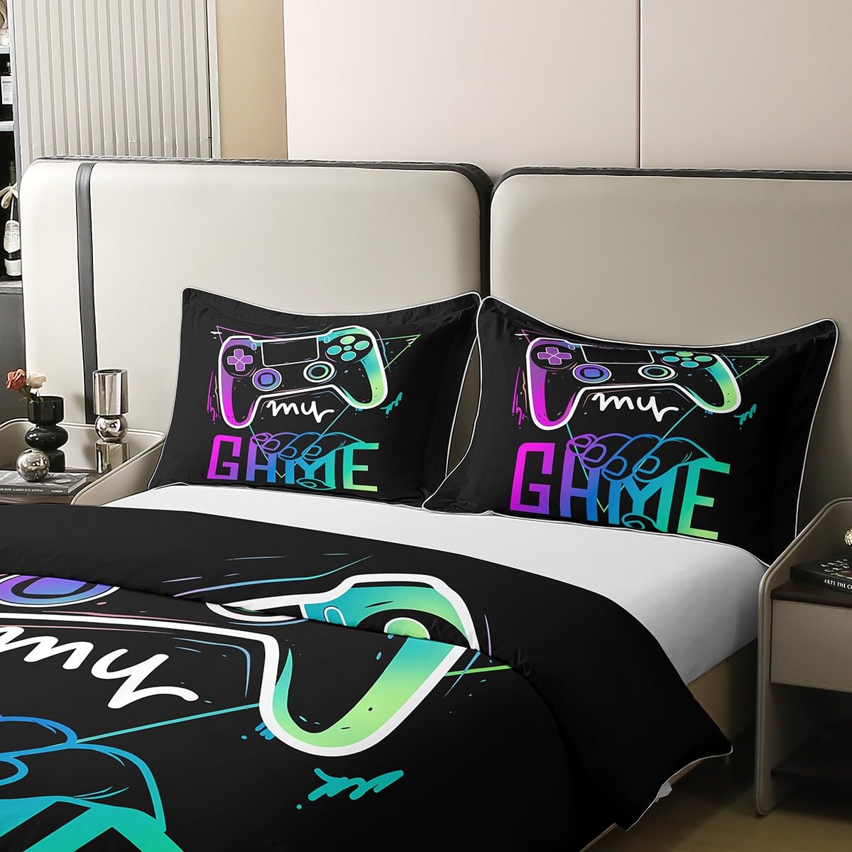 Homemissing Set di biancheria da letto con copripiumino e 2 federe, in 100% cotone, per bambini, motivo videogiochi, colore viola, nero, per ragazzi e ragazzi, motivo controller