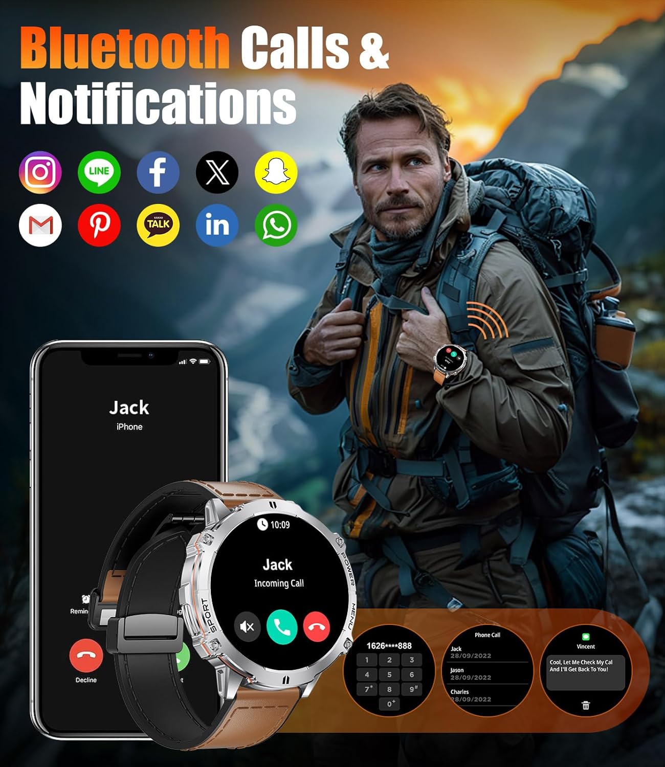 LIGE TX3-H Smartwatch displaying Bluetooth call and notification features.