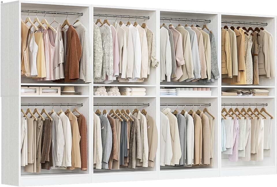Unikito 12FT Modular Closet System with 8 Hanging Rods, 2800LBs Wood Garment Rack, 4-Pieces Ultra-Wide Walk-in Closet Organizer, Freestanding Clothing Shelves, White