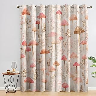 Mushroom Curtains for Living Room Pink Fungus Blackout Curtains for Bedroom 72 Inches Long Plant Botanical 95% Black Out Curtain, Thermal Insulated Eyelet Window Drapes Q79