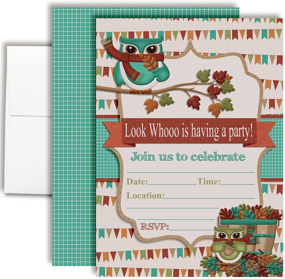 Look Who Fall Owl Themed Fill in Birthday Party Invitations, 20 5x7 Fill in Cards with Twenty White Envelopes by AmandaCreation