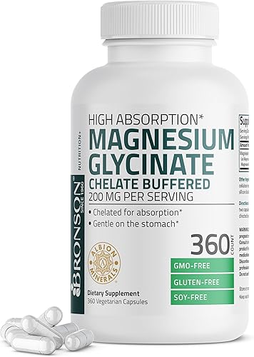 Bronson Glicinato de magnesio 200 mg por porción quelado para una alta absorción, suave para el estómago, sin OMG, 360 cápsulas vegetarianas
