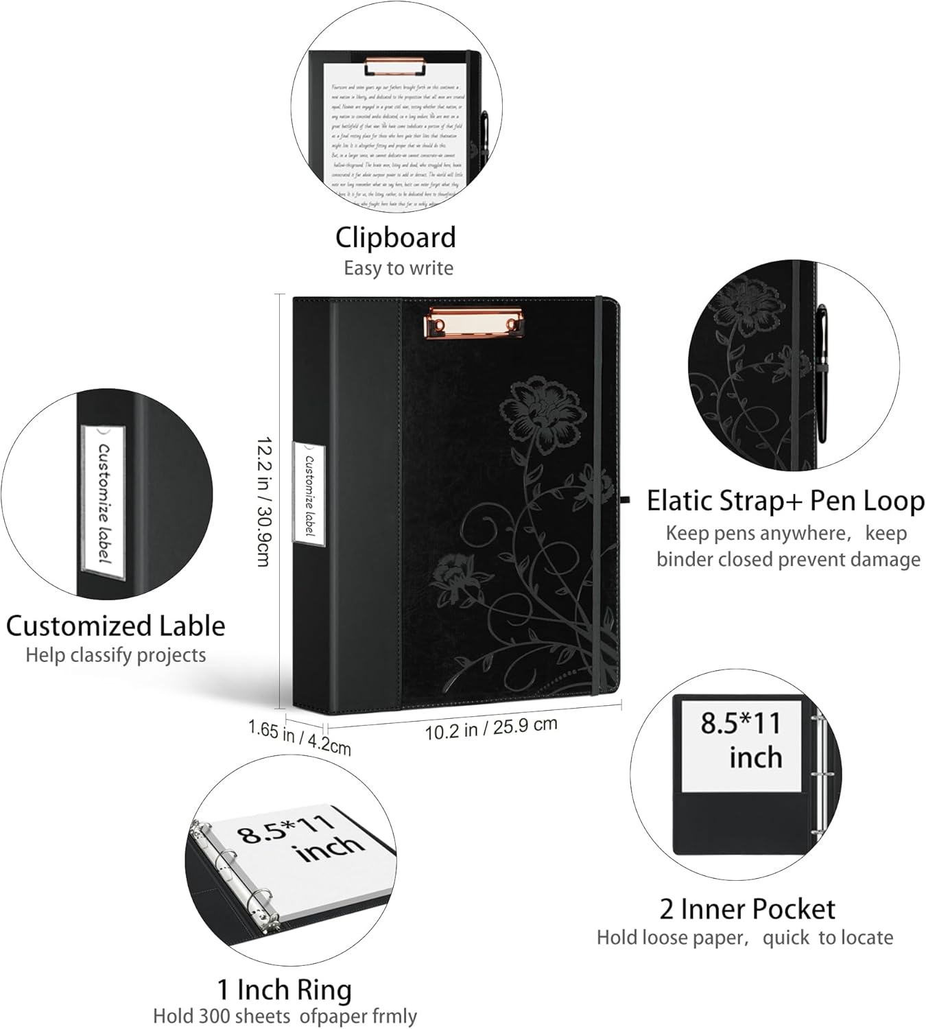 3 Ring Binder 1 Inch, Leather Binders with Clipboards, KLLVE Three Ring Binder with 10 Pocket Divider(Black, Letter Size) - Image 2