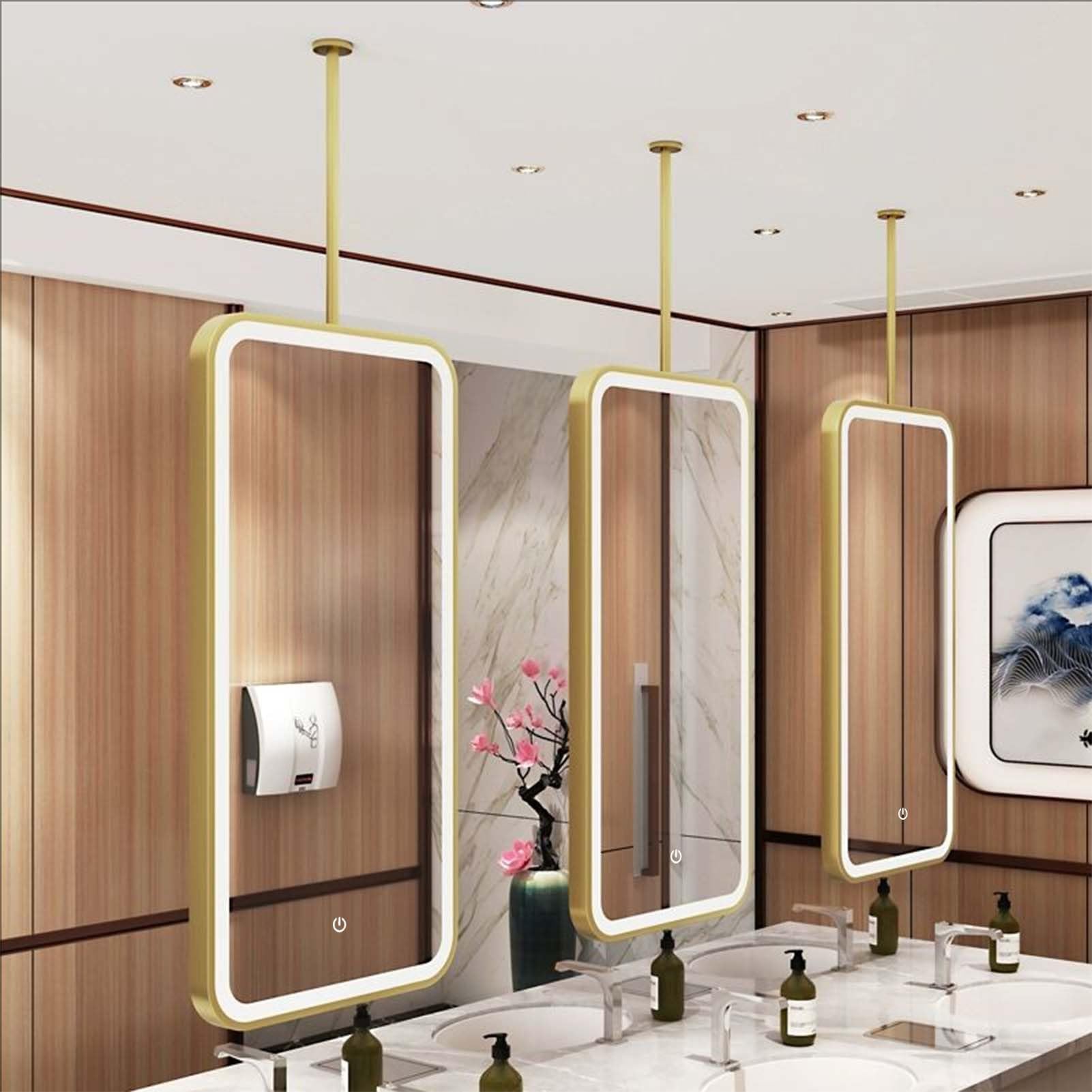 Lustro łazienkowe LED w złotej metalowej ramie z drążkiem sufitowym,cyjne lustro wiszące do domu lub hotelu (40 cm x 60 cm)