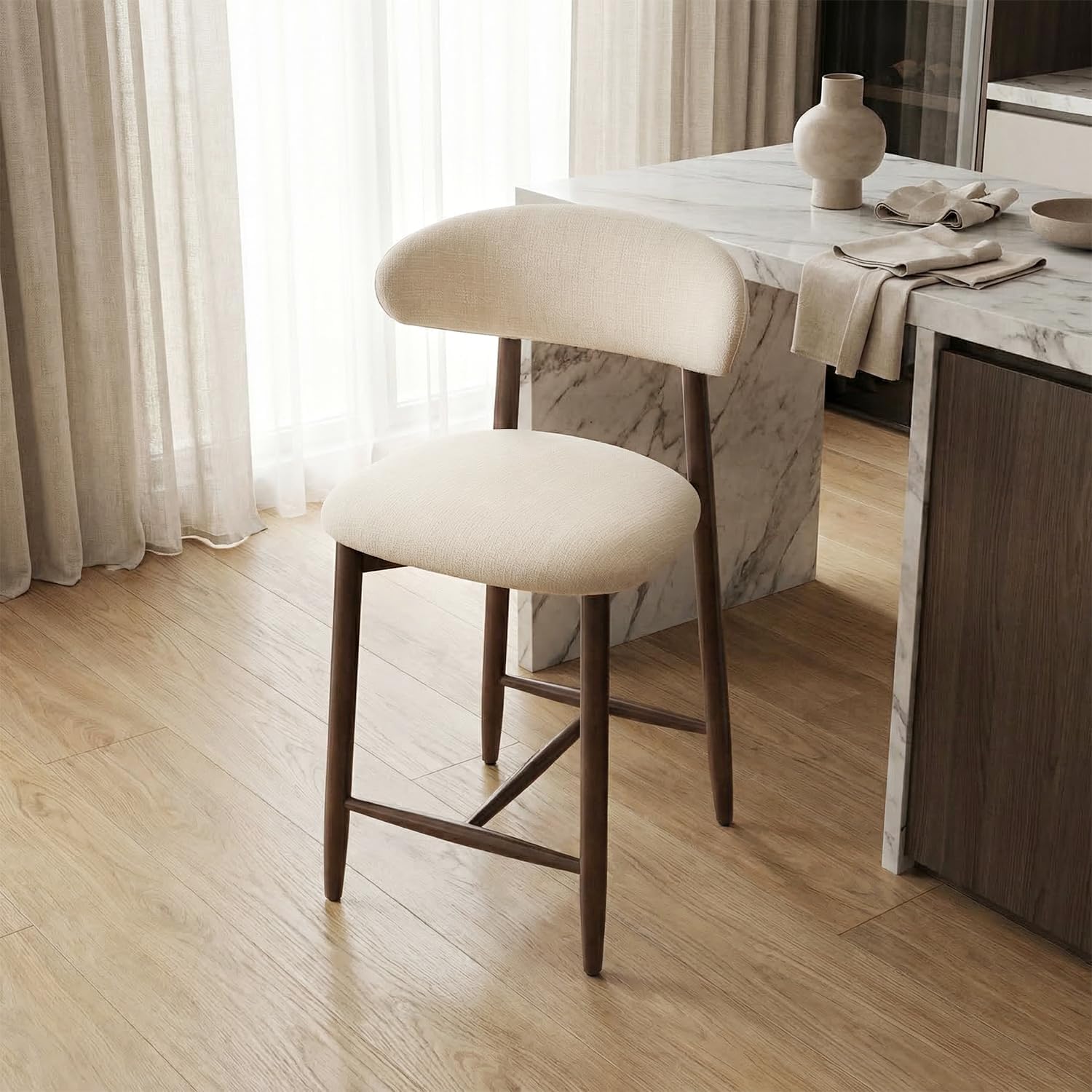 Bar Stools Set of 1, 25.6″ Counter Height Bar Stools with Wood Legs, Upholstered Modern Kitchen Barstools for Kitchen Island Dining Room Bar, Beige