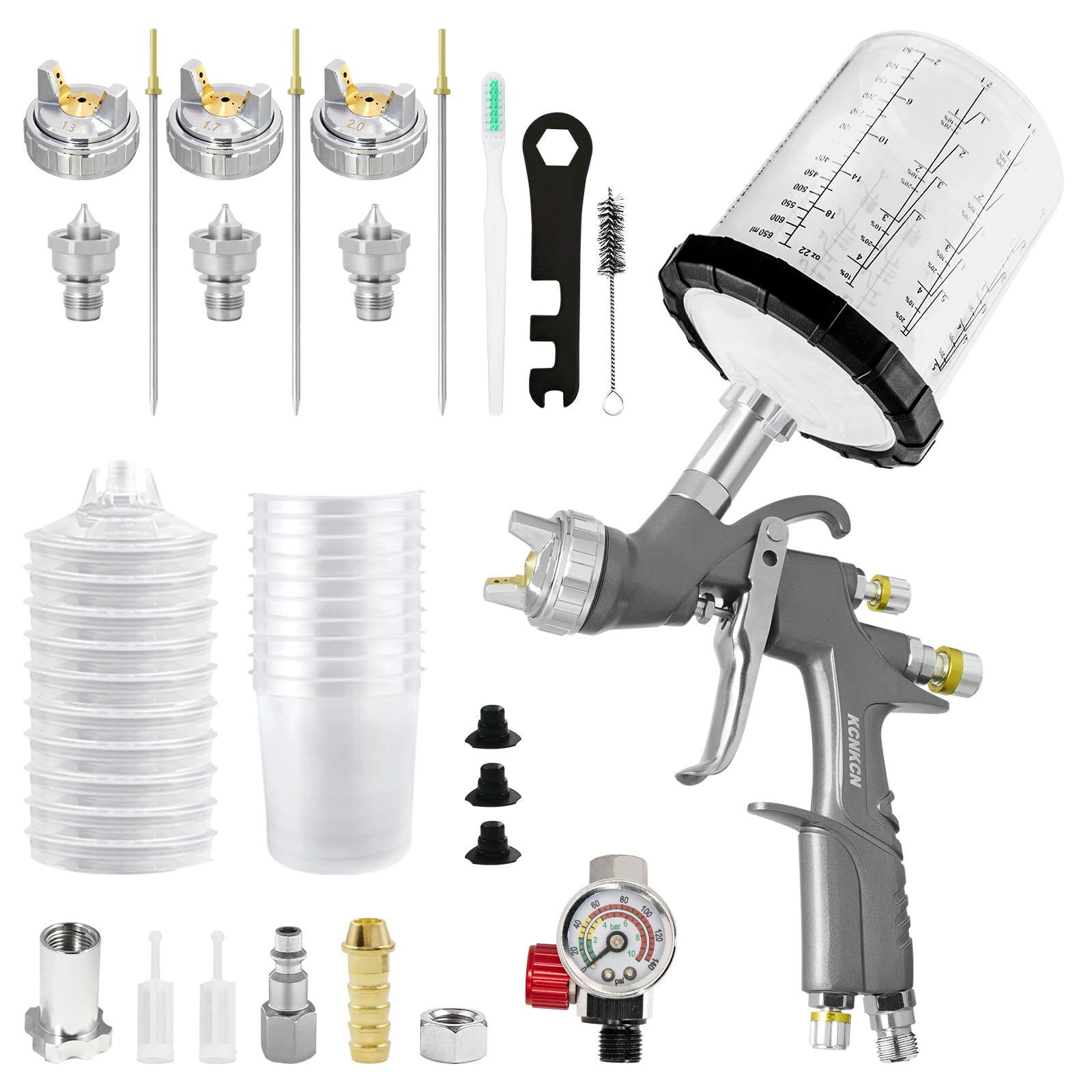 KCNKCN D1 LVLP Air Spray Gun Premium Kit, with 650ml Mixing Cup & 10x Disposable Cups, 1.3/1.7/2.0mm Nozzles Paint Gun Sprayer, Automotive Paint Gun