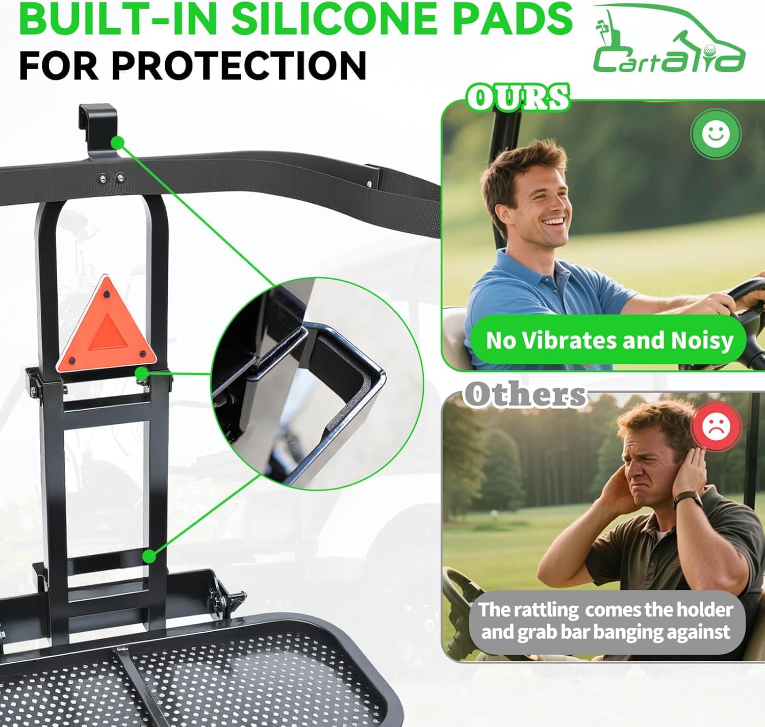 2-in-1 Foldable Metal Steel Golf Cart Rear Seat Bag Holder, Upgraded Stepboard Rack Attachment for EZGO Club Car Yamaha, Fits Normal 8'' Wide & 24.2" Widening Safety Grip Bar, No-Drill