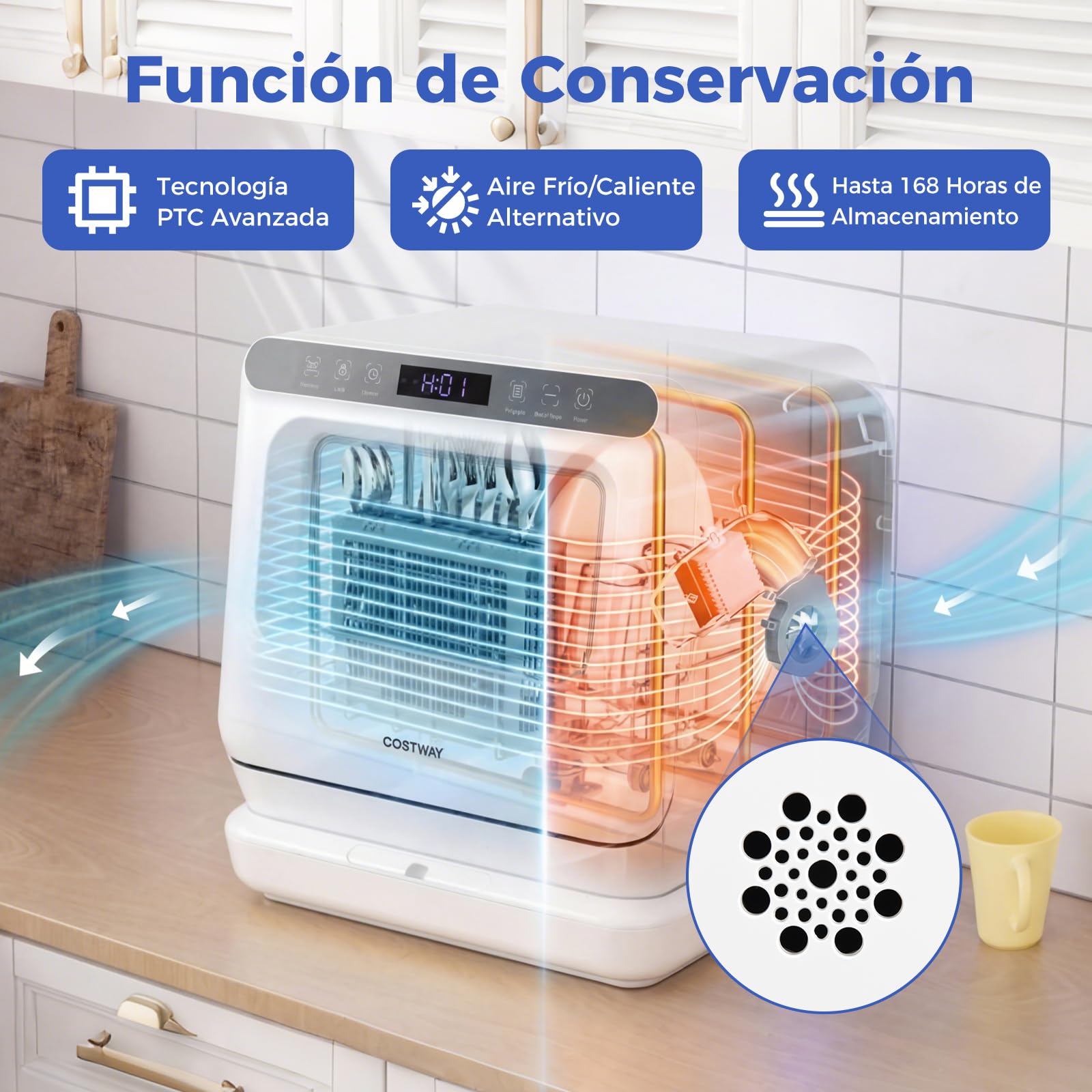 COSTWAY Lavavajillas Pequeño 45cm, 6 Programas, Mini Lavavajillas Compacto sobremesa de 3 Cubiertos, Depósito de Agua 8,25 L, Secado por Aire y Brazos Rociadores Dobles de 360°