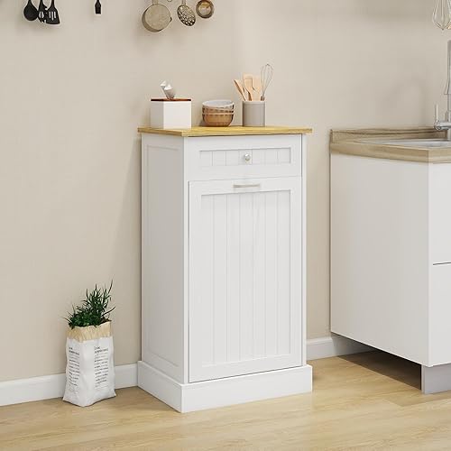 SSLine Armario de basura de madera para cocina, armario de basura independiente con soporte para bote de basura inclinado y cajón de almacenamiento,