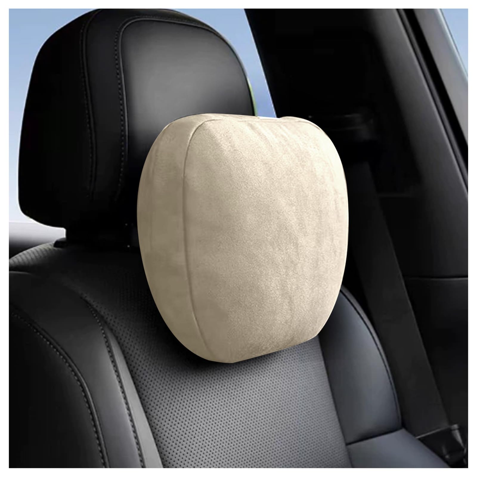 Junecarp Car Neck Pillow Soft Leather Headrest,Premium Interior Accessories Headrest Support for Driver or Front Passenger Seat,for Driving Home Office (Beige)