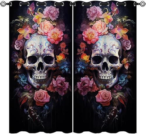 Cortinas opacas de calavera para decoración del hogar, coloridas flores de acuarela, hermosas cortinas con aislamiento térmico, cortinas de