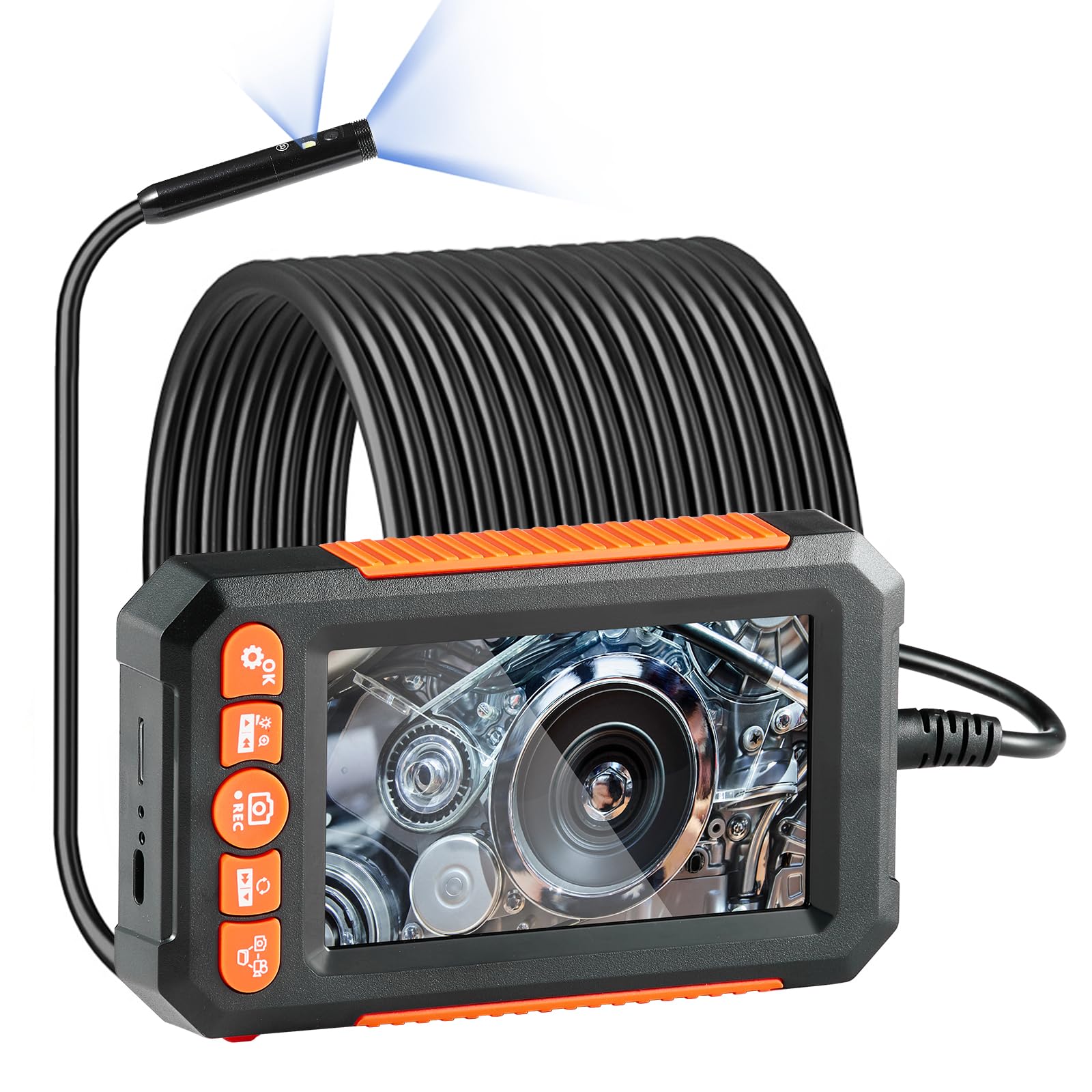 VEVOR Endoscope à Double Objectif, Caméra Endoscopique avec 8+​1 Lumières LED, Écran IPS 4,​3", Câble Semi-​Rigide 15 m, Zoom 4X, Caméra Serpent 1080P Étanche IP67 pour Inspection Automobile, Plomberie