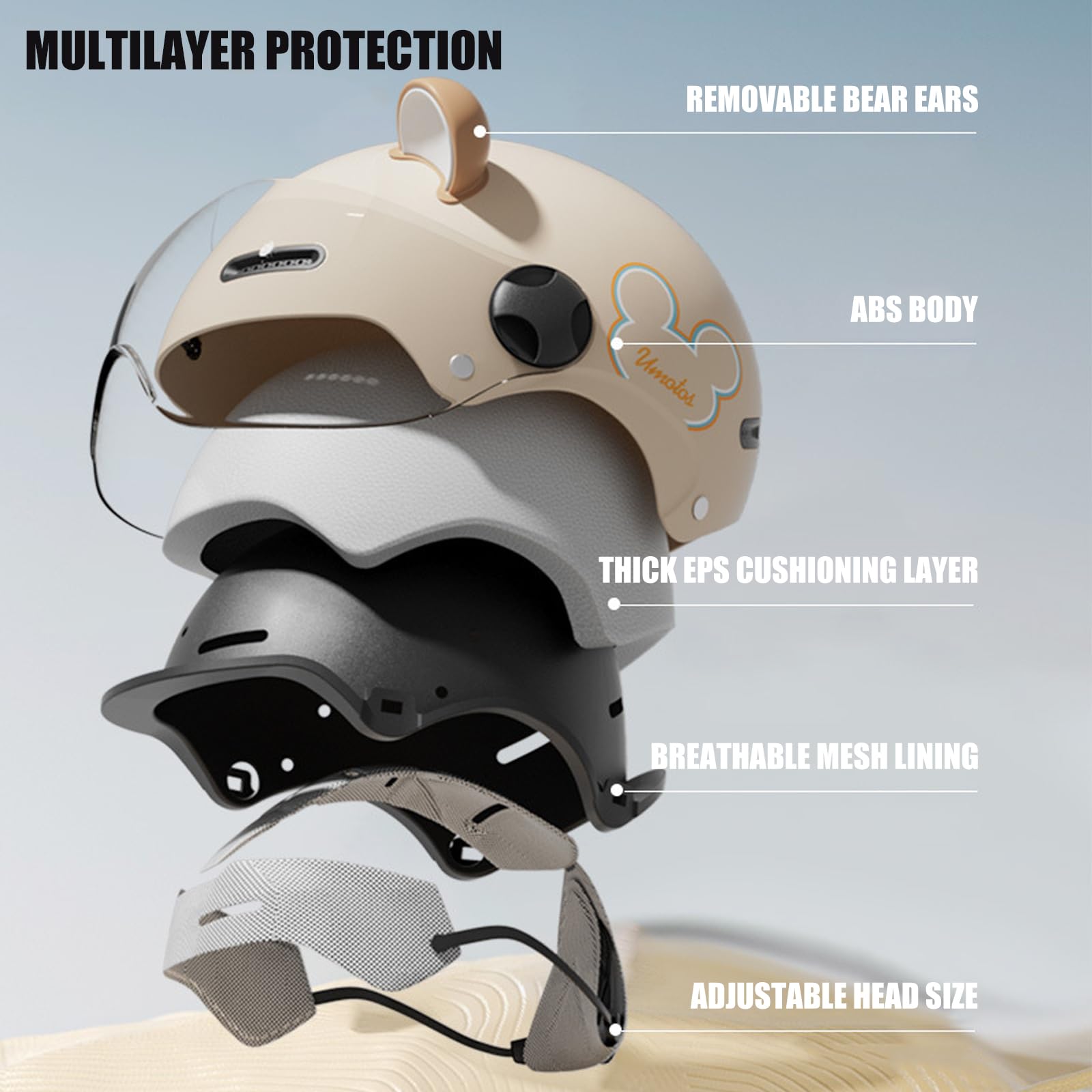 Offener 3/4 halber Motorradhelm mit Ohren, ECE Genehmigter offener Helm für Erwachsene Roller, Go-Kart ATV Rennradhelme für Männer und Frauen