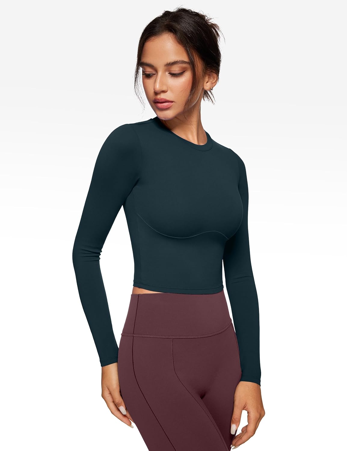 Womens Long Sleeve High Round Neck Crop Yoga Shirts Workout Slim Fit Casual Yoga Gym Tops - Image 3