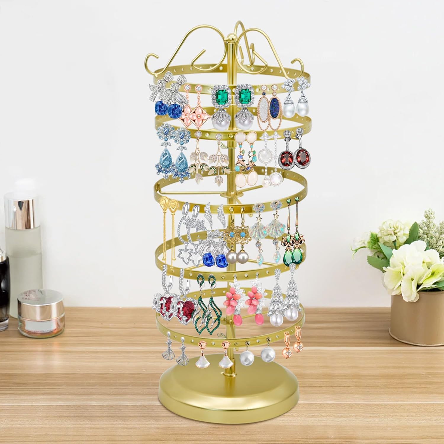 MrMrKura 5 Tiers Rotating Earring Holder Organizer, Adjustable Earring Stand Organizer with 220 Holes, Metal Jewelry Display Stand for Women (Gold)