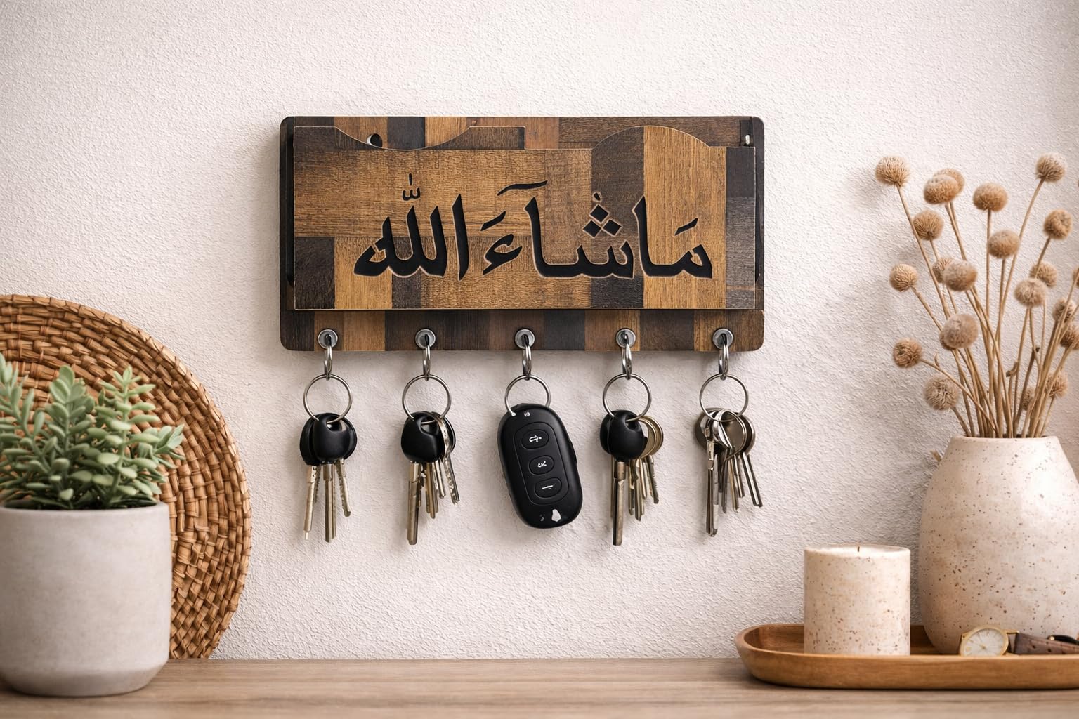 Islamic Key Holder for Wall - Masha Allah Arabic Calligraphy Wall Decor - 8-inch MDF Key Rack with 5 Hooks for Home, Office & Entryway - Muslim Housewarming & Eid Gift (Black)-image-9