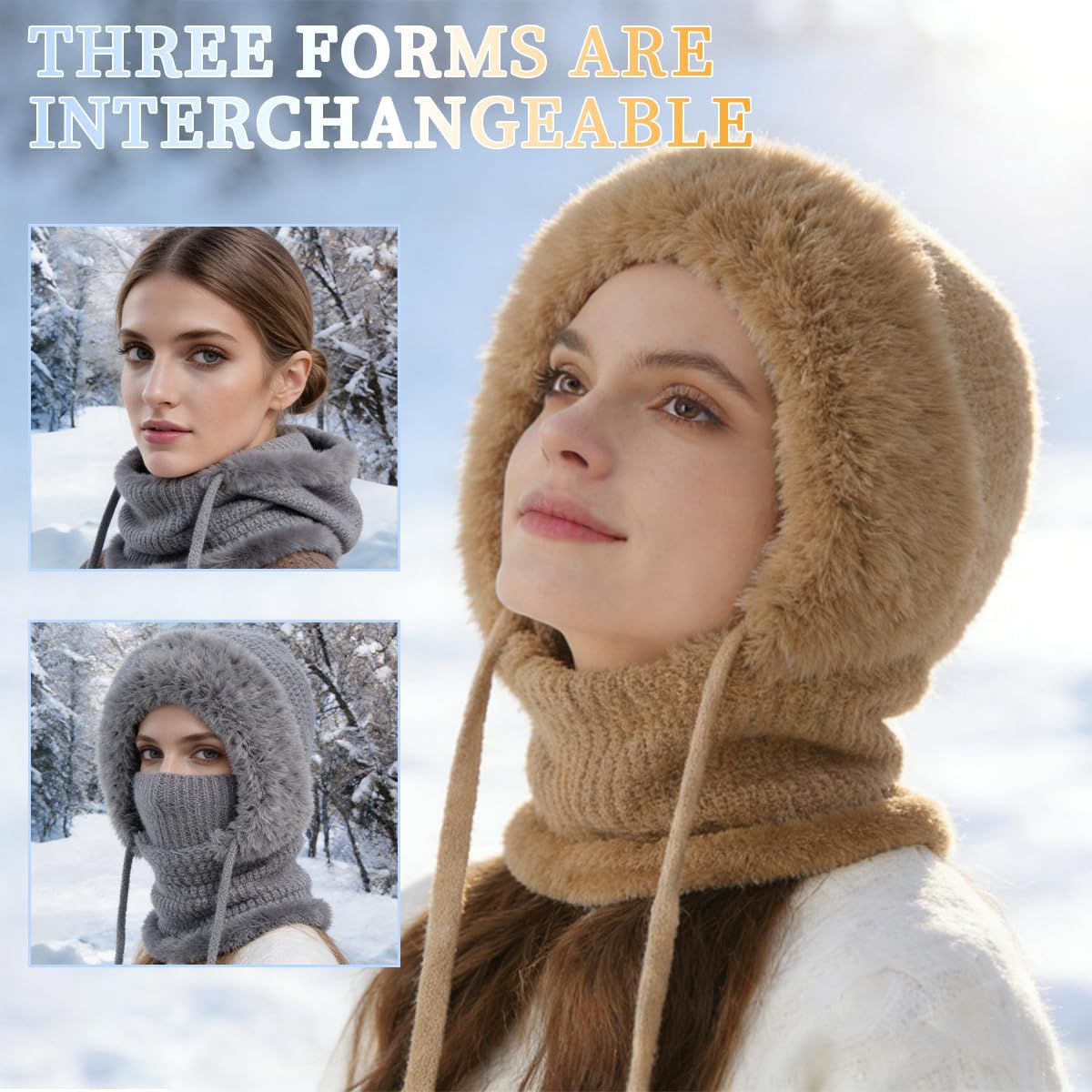 3 in 1 Beanie Hat for Women, Womens Balaclava Winter, Cold Knitted Hats Wind Resistant Hooded Scarf, Thick Plush-Lined - Image 4