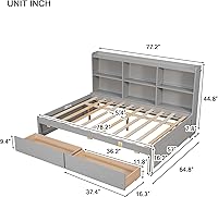 Vista 20 de Cama de plataforma individual con estantería lateral, plataforma moderna con cajones de almacenamiento, marco de cama de madera maciza