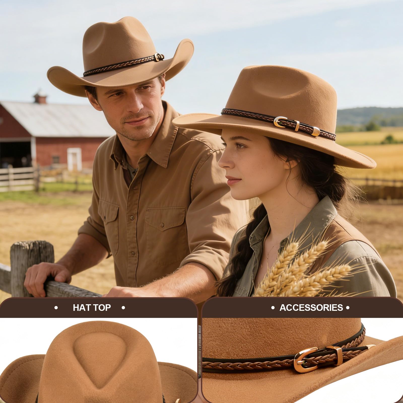 Sombrero vaquero clásico de fieltro de ala ancha con hebilla de cinturón, estilo occidental para hombres y mujeres, sombrero de vaquero de fieltro suave, caqui, verde, M