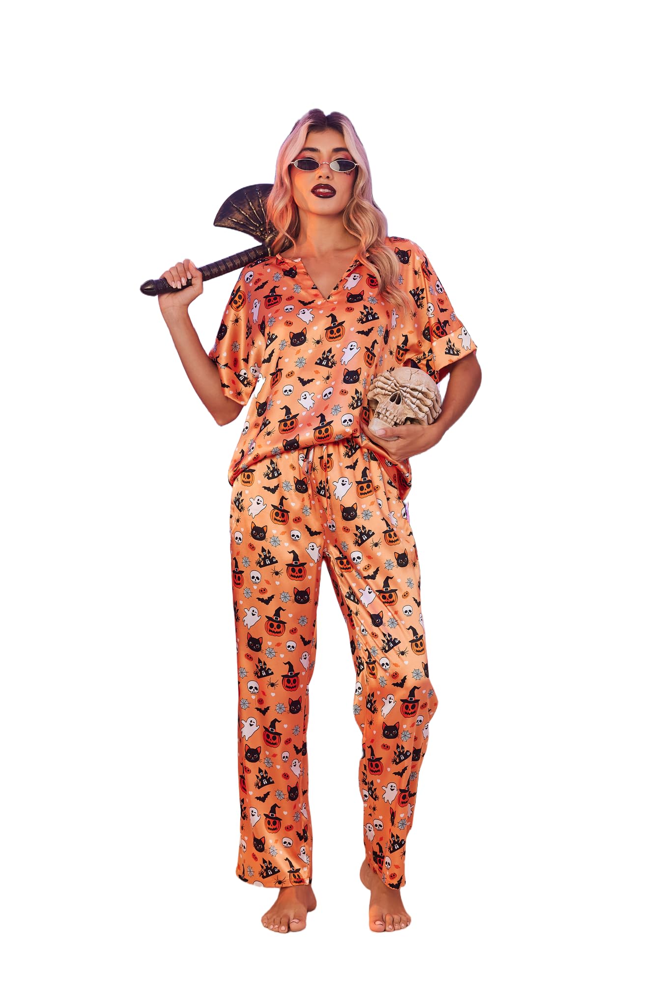 Ekouaer Halloween Satin Pajama Set Womens Silk V Neck Long Pants