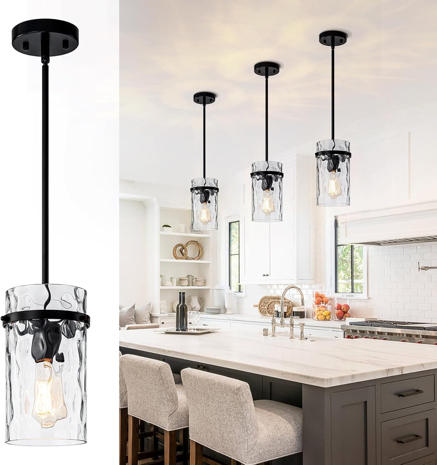 Farmhouse Hammered Glass Pendant Light, 5.5" Black Pendant Light, Modern Pendant Light Fixtures Island Lights for Kitchen Dining Room Light for Farmhouse Pendant Lighting 1 Pack