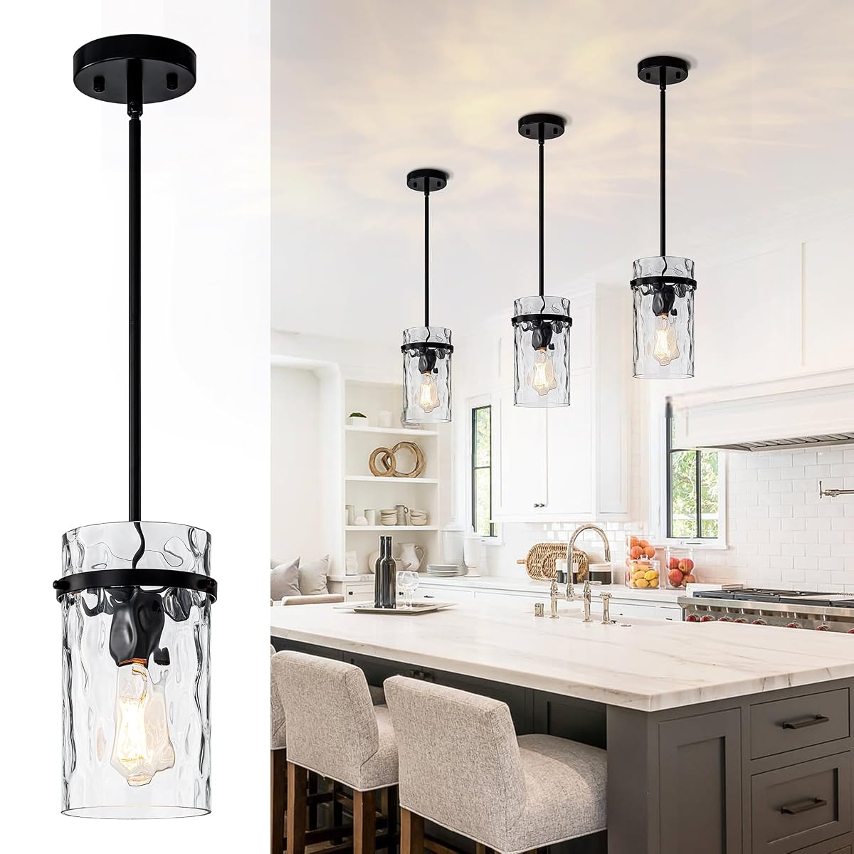 JIMKIGTO Farmhouse Hammered Glass Pendant Light 5.5 Black Pendant Light Modern