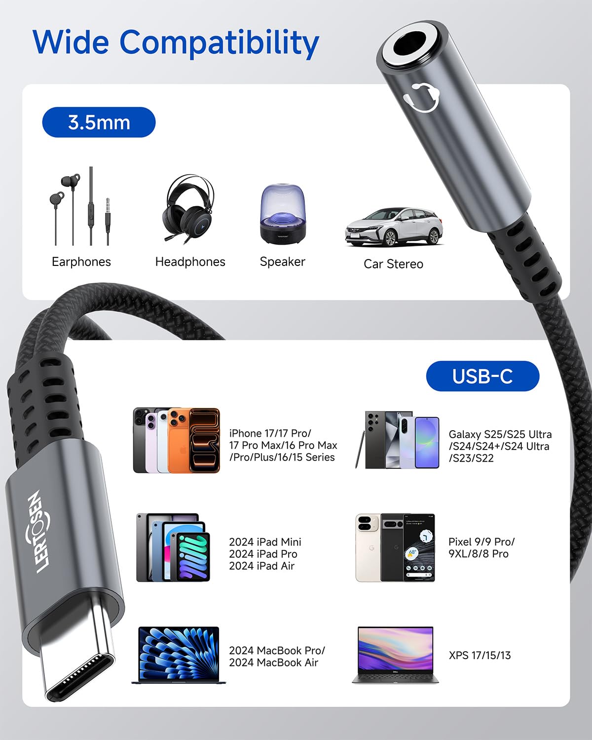LERTOSEN USB C auf 3,5 mm Kopfhörer- und Ladeadapter, 2-in-1 USB-C-auf-AUX-Audio-Buchse mit PD-Schnelllade-Dongle-Kabel für Phone 16, 15 Pro Max, Samsung Galaxy S25, S24, S23 Pixel Ultra, iPad Pro