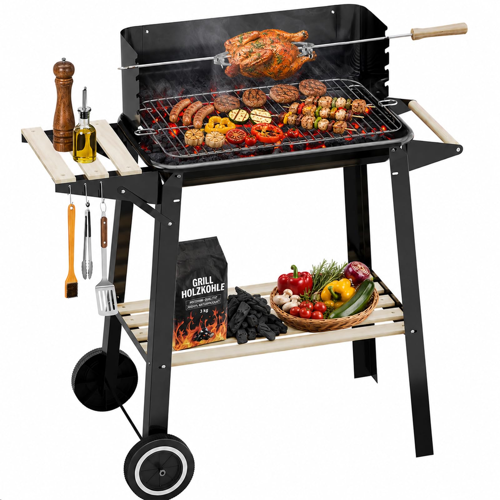 HOMELUX Grill na węgiel drzewny, 84 x 39 x 97 cm, grill stojący, ruszt do grillowania z kółkami i półką na drewno, idealny na piknik, do ogrodu, na kemping