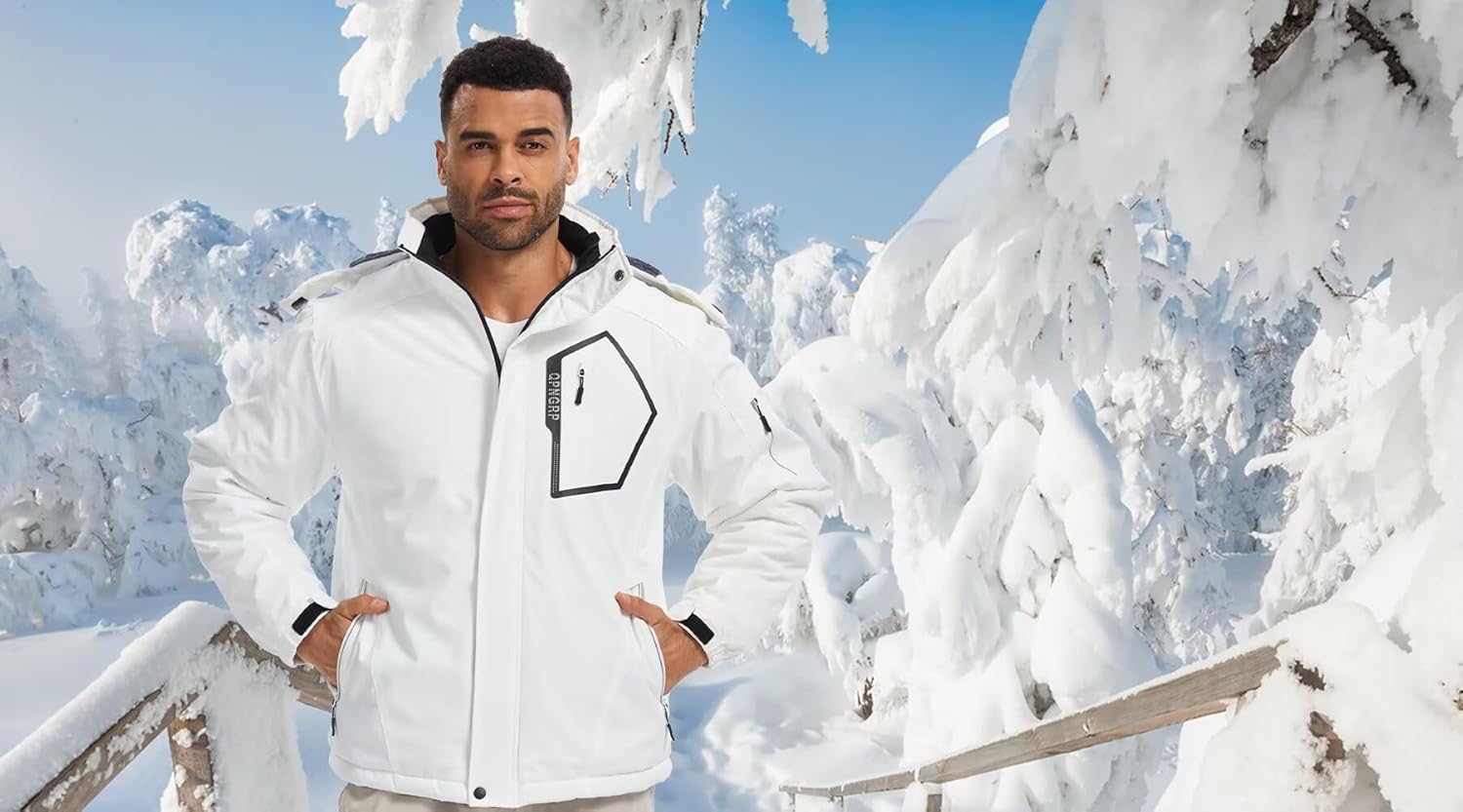 QPNGRP Men's Ski Jacket Waterproof Insulated Winter Coat 5 Zipper Pockets