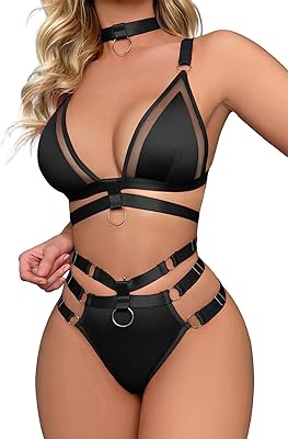 Lilosy Sexy Wireless Choker O Ring Linked Strappy Harness Lingerie Set Outfits 3 Piece