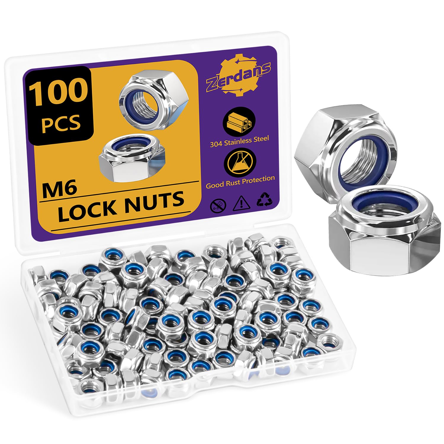100Pcs M6 Nuts Nylock, Leryati Lock Nuts M6 Stainless Steel Hex A2 V2A Self Locking Nut