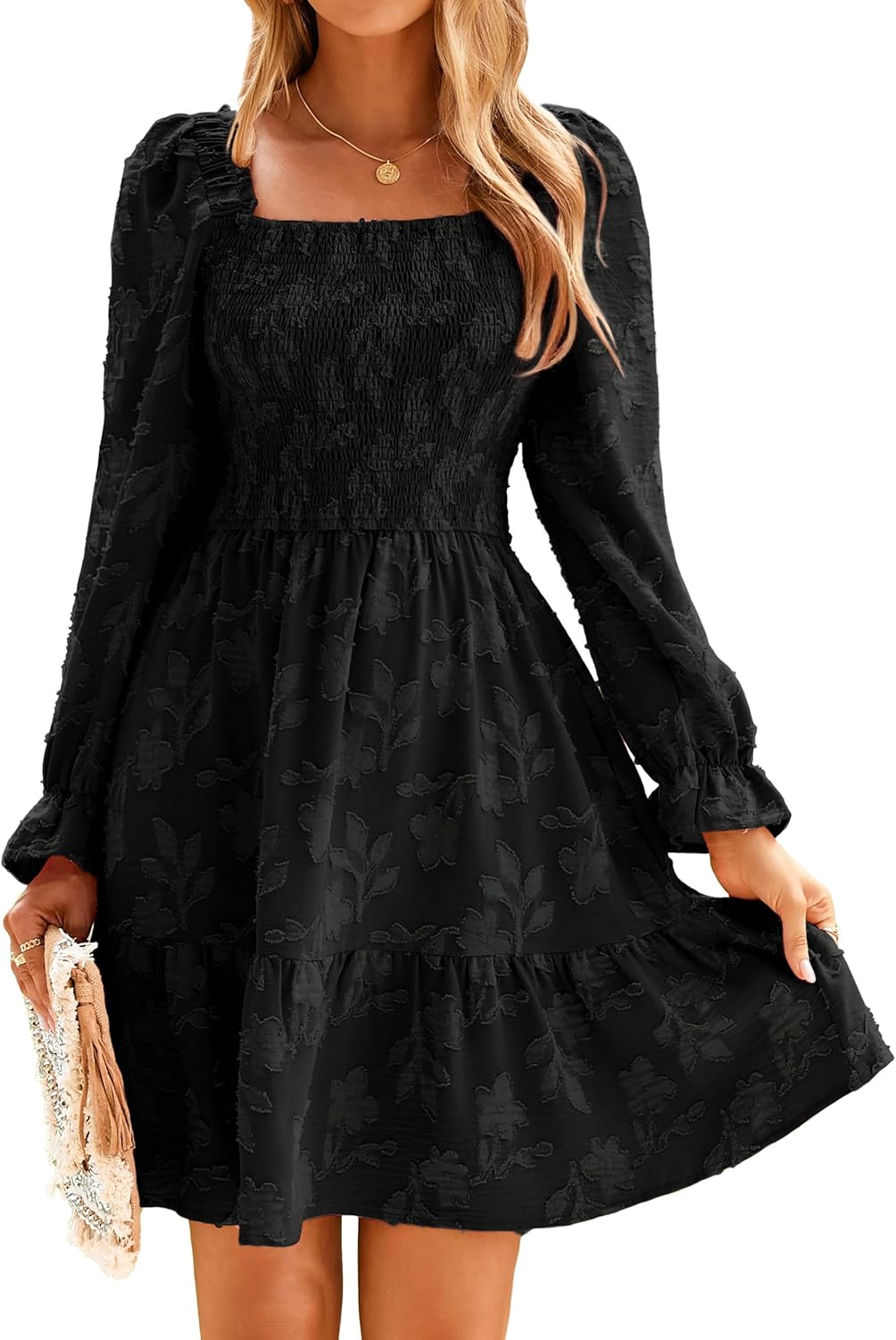 BerryGo Women's Square Neck Fall Long Sleeve Mini Dress Smocked Swing Ruffle Wedding Guest Dress