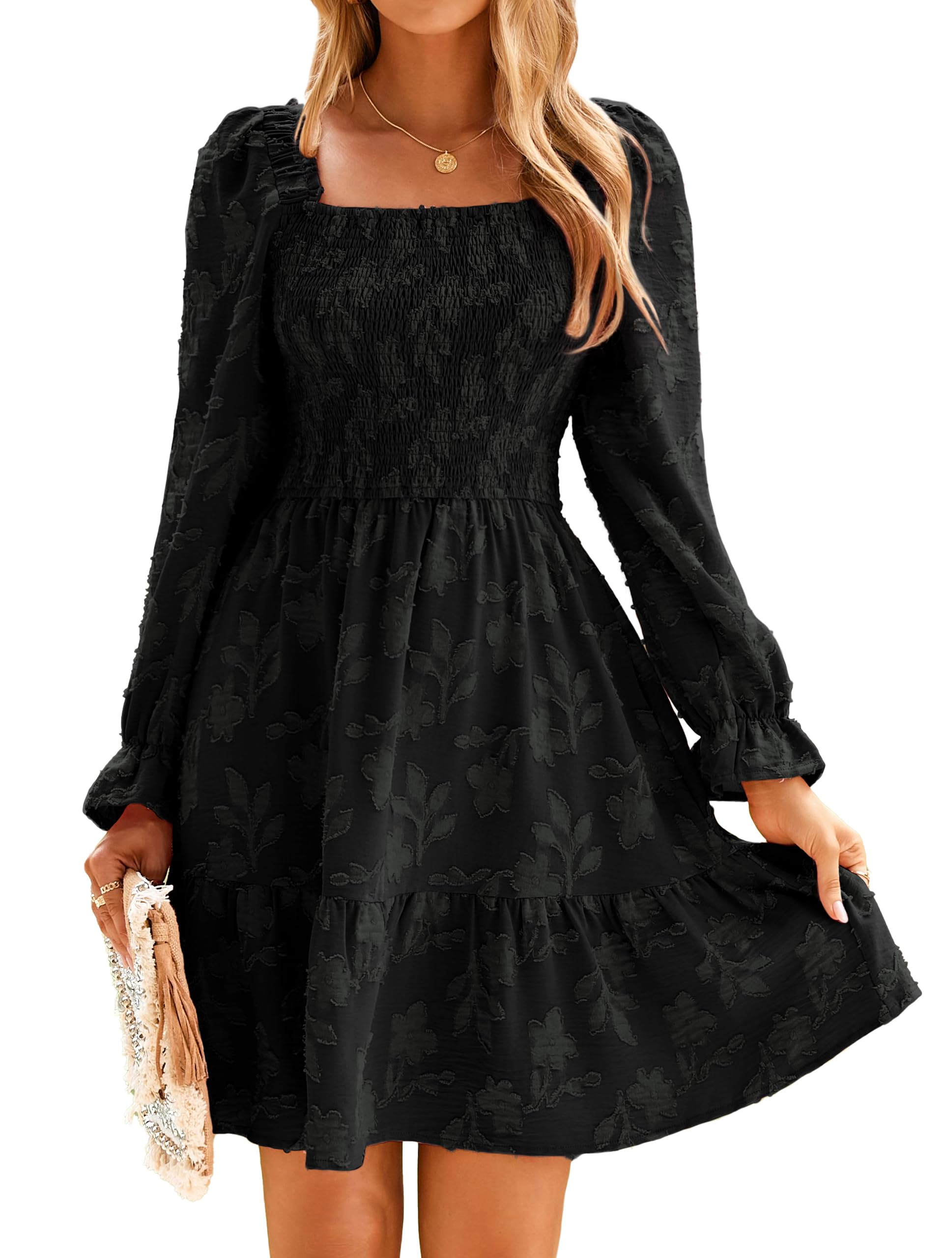 BerryGo Womens Square Neck Fall Long Sleeve Mini Dress Smocked Swing Ruffle Wedding Guest Dress