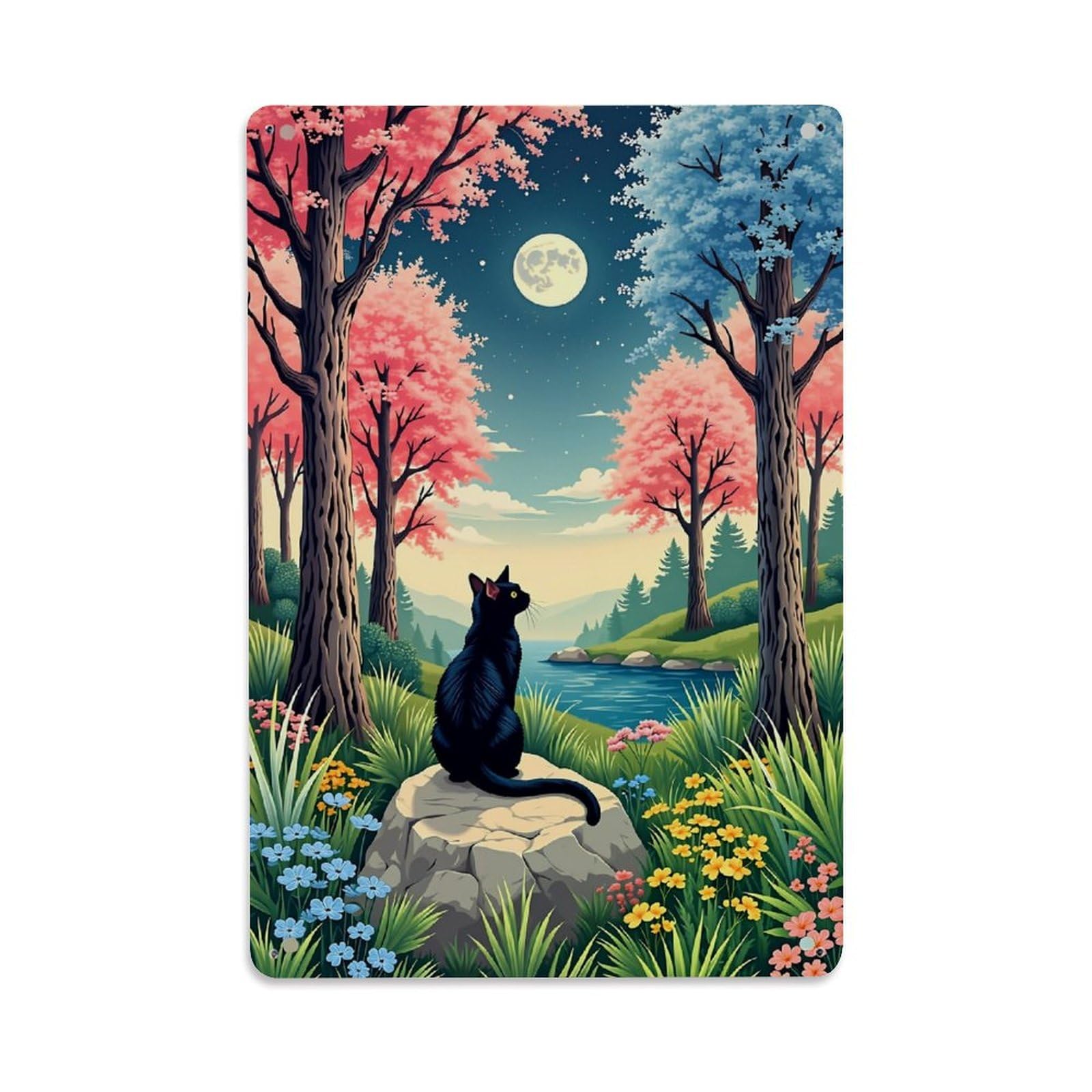Jdyaojiesheng Vintage Moonlit Forest Cat Scene Tin Sign Retro Metal Wall Decor Metal Poster, Home Bar Garage Farmhouse Cafe Wall Art Decoration 8X12inches