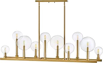 Hinkley Alchemy Ten Light Medium Indoor Chandelier, Different Sized Tapered Globes, Linear, Extended Candle Sleeve, T6 or T8 Bulbs Only, Lacquered Brass Finish w/Clear Glass