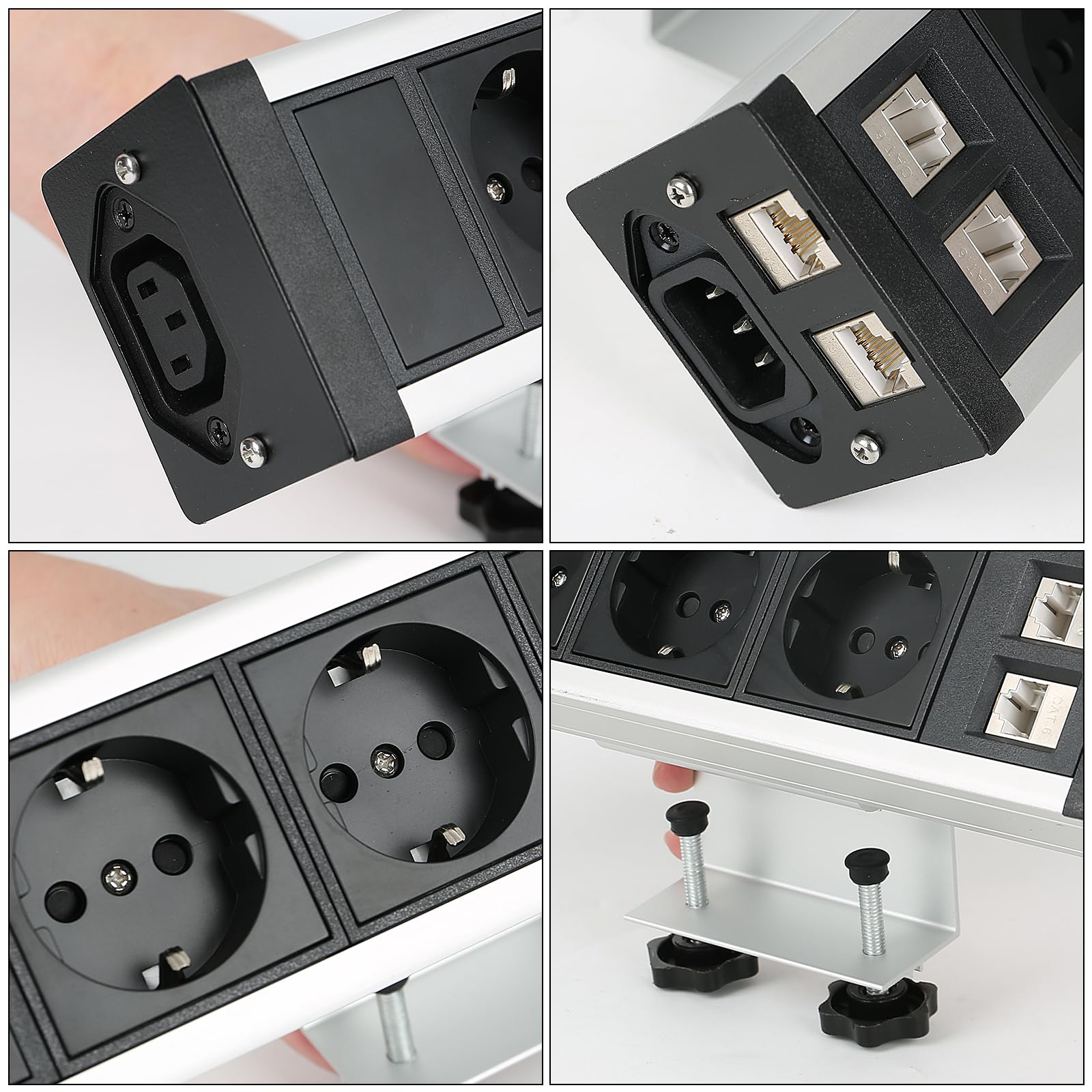 Regleta de mesa 4 enchufes con 2 RJ45, regleta de enchufes enchufable para cocina y oficina, cable de 1.5M