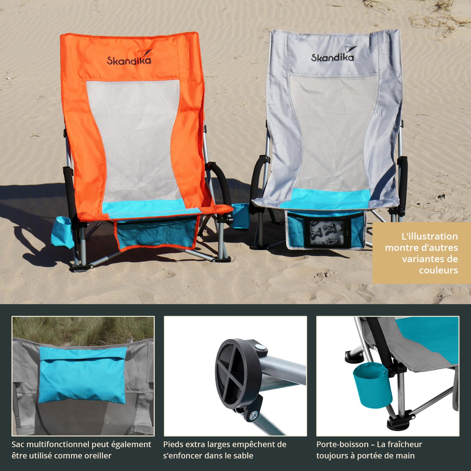 Skandika Chaise de Plage Pliante Beach | Chaise de Plage Confortable avec Mesh Respirant, Porte-Boisson, Basse, Facile à Transporter, Max. 136 kg | Chaise de Camping Pliable, Chaise Longue