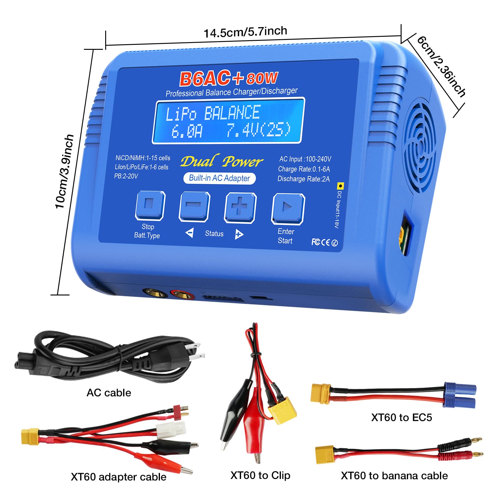 LiPo Battery Charger RC Balance Fast Battery Charger Discharger 80W 6A Smart Digital Battery Pack Charger for 1S-6S LiPo Life Li-ion 1-15S NiCD NiMH PB Smart Battery Batteries for RC Car (Blue) — view 6
