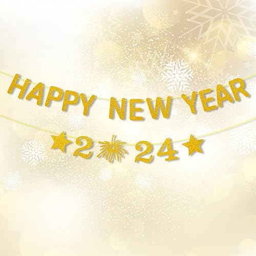 Cartel de decoración con texto en inglés "Hello 2024" Feliz Año Nuevo con purpurina y texto en inglés "Cheers to 2024" Palabras de champán para