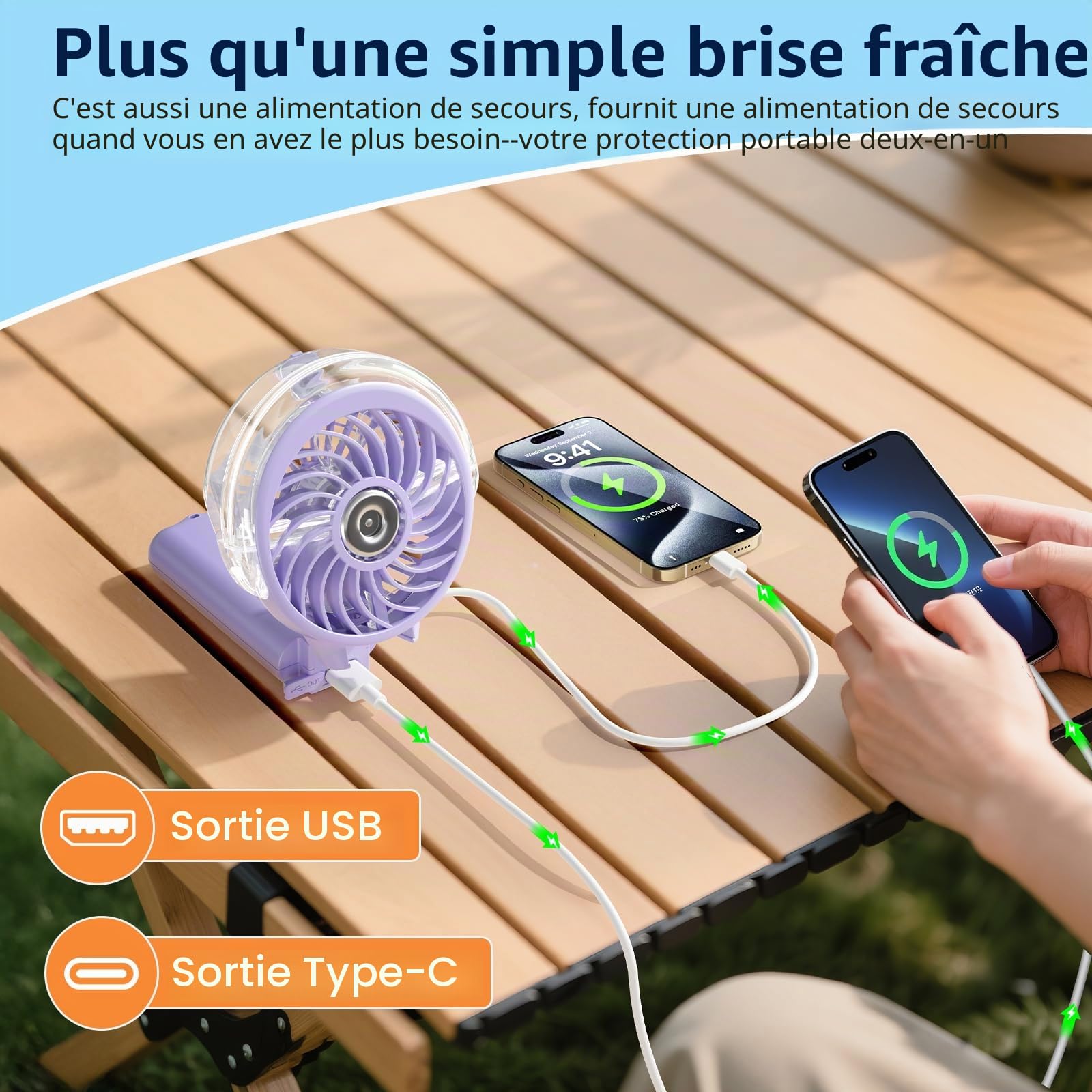 HandFan Ventilateur brumisateur portable 5200 mAh, rechargeable, mini ventilateurs de refroidissement AC pour plage, voyage, concerts, cadeaux pour femme (violet clair)