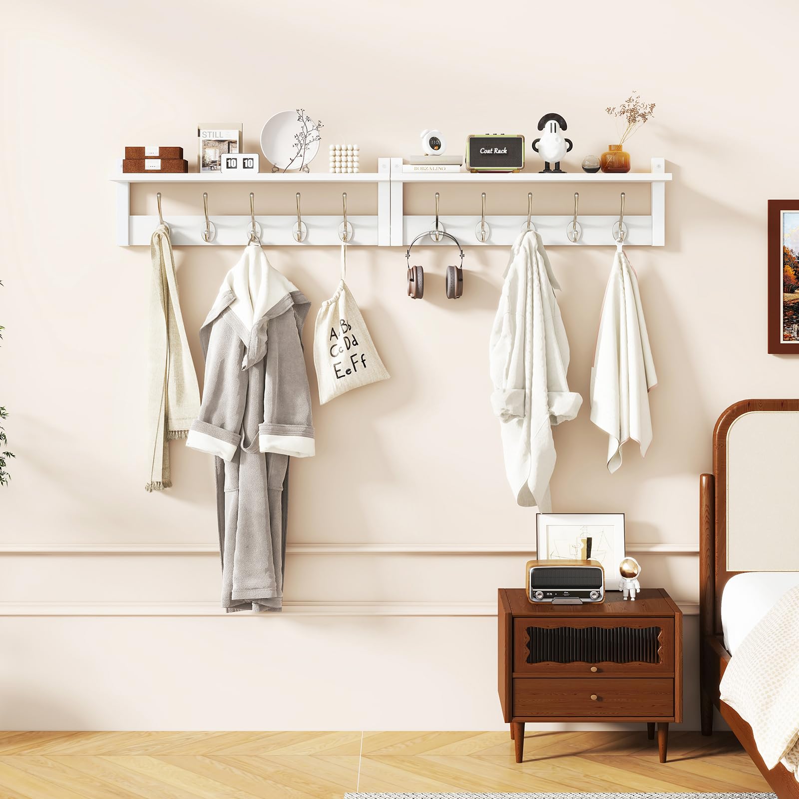 YMYNY 2 en 1 Grand Porte Manteau Mural Bois, Blanc HWS004W-2 | Patère murale avec 10 crochets doubles, porte manteau pour Salle de bain, Entrée, Chambre