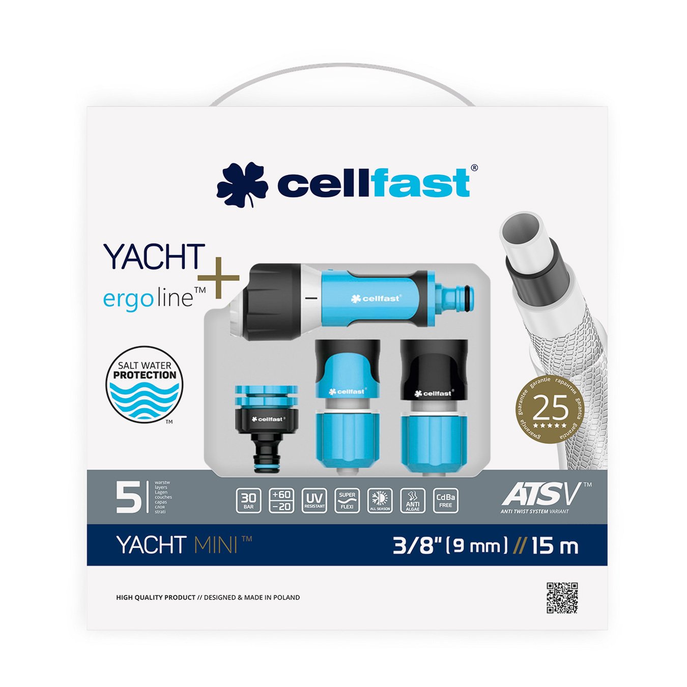 Cellfast Gartenschlauch YACHT PRESTIGE™ ATSV MINI mit einer Sprinkleranlage, mit dauerhafter Verstärkung aus Garn höchster Qualität, UV-Strahlen- und Algenablagerungbeständig, 30 bar Berstdruck, 15m