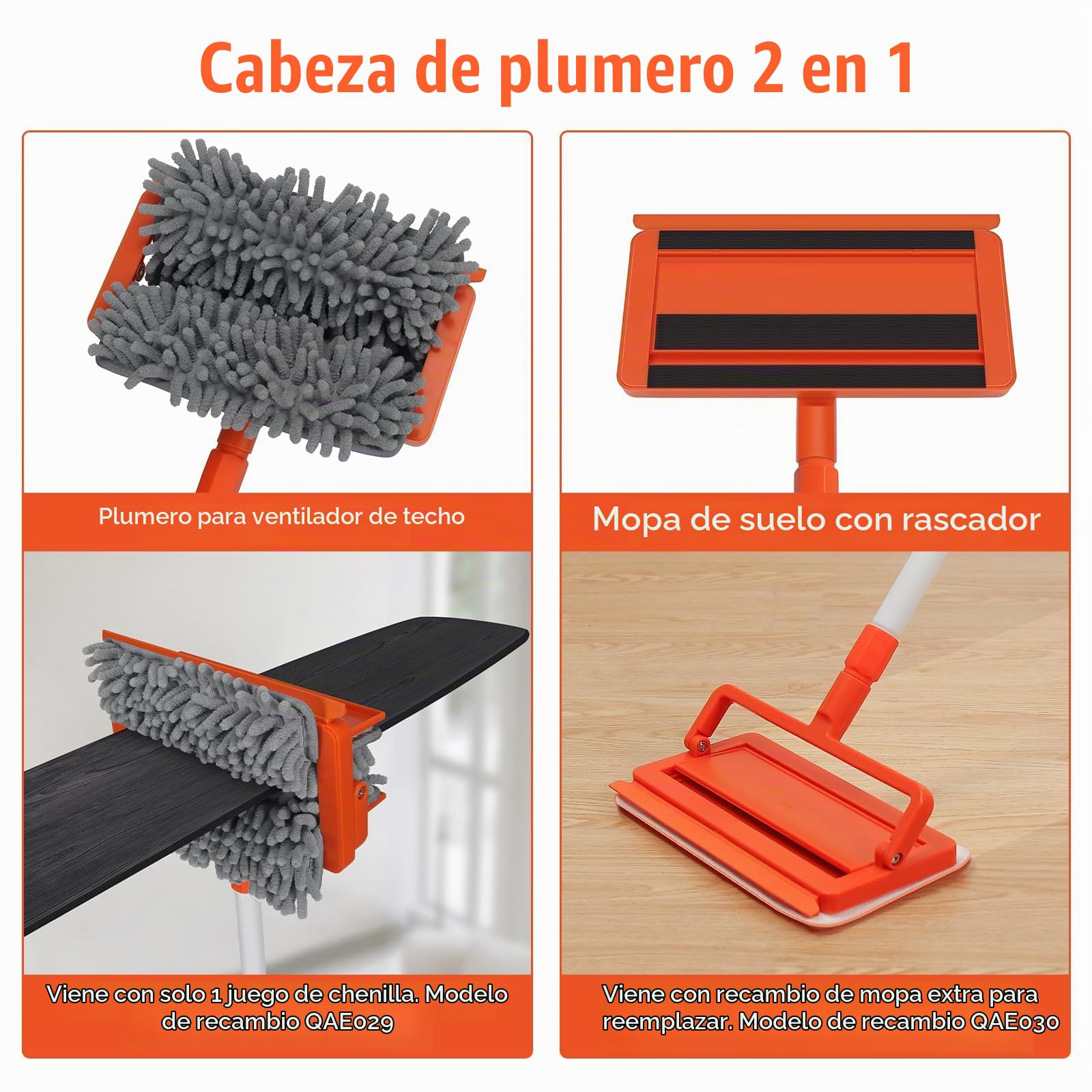 Qaestfy Limpiador de Ventilador de Techo Mopa para Limpiar Azulejos y Paredes Mango Largo 159CM Mopas de Limpieza Suelos 4 Trapeadores Reutilizables de Chenilla y Microfibra