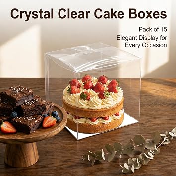 Clear Cake Box with Base, 15PCS Transparent Cake Box for 4, 5, 6 Inch Cakes, Sturdy Cupcake and Gift Box, Reusable and Portable Cake Container for Parties, Baking, and Celebrations